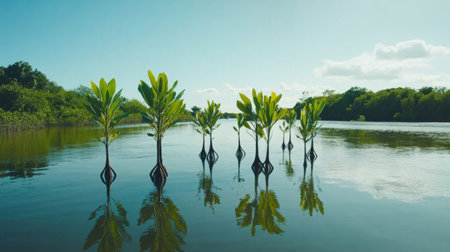 A stunning display of mangrove trees rising from calm waters, reflecting the beauty of nature. This serene scene highlights the importance of coastal ecosystems and conservation.の素材