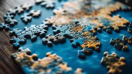 A close-up view of colorful puzzle pieces scattered on a wooden table, showcasing the intricate design and vibrant colors, perfect for creativity and relaxation.の素材