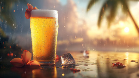 A refreshing glass of beer sits on a wet surface, adorned with tropical flowers. The backdrop features a beautiful sunset through palm trees, creating a relaxing atmosphere.の素材