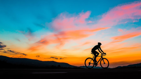 A stunning silhouette of a cyclist riding against a vibrant sunset, capturing the essence of freedom and adventure in nature. Perfect for promoting outdoor activities.の素材