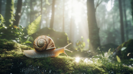 A serene scene featuring a snail on lush moss in a forest, illuminated by soft sunlight. This tranquil moment captures the beauty of nature and peaceful biodiversity.の素材
