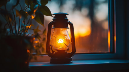 A glowing lantern sits by the window at sunset, creating a warm and inviting atmosphere. The soft light adds coziness to the serene indoor space.の素材