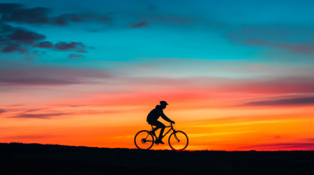 A striking silhouette of a cyclist enjoys a scenic sunset ride. Vibrant colors paint the sky, capturing the essence of freedom and adventure in nature.の素材