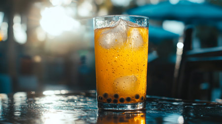 A refreshing glass of bubble tea with ice, captured in warm summer sunlight. Perfect for a casual outdoor gathering or a tropical getaway.の素材