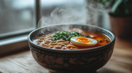 A steaming bowl of ramen featuring noodles, a soft egg, and fresh green onion, perfect for a cozy meal or culinary inspiration. Enjoy the warmth!の素材