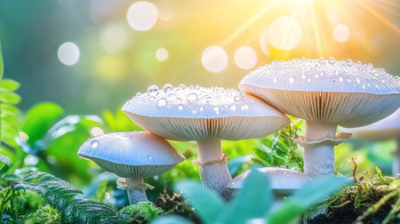 Captivating view of dew-kissed mushrooms in a sunlit forest setting, showcasing nature's beauty with vibrant colors and intricate details. Perfect for nature themes.の素材