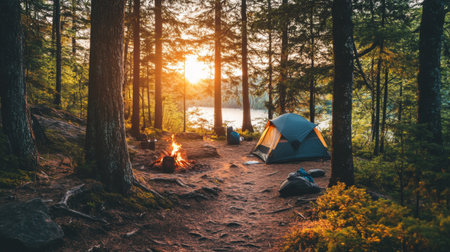 A tranquil camping scene at sunset featuring a tent near a serene lake, surrounded by lush trees and a warm campfire. Ideal for outdoor enthusiasts.の素材