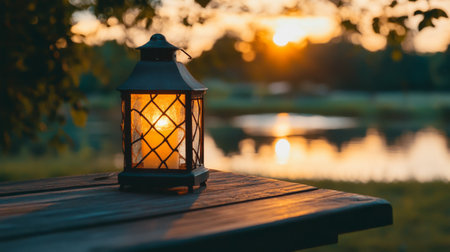 A warm lantern glows softly on a wooden table at sunset, creating a tranquil atmosphere by the water. Perfect for evening relaxation and outdoor themes.の素材