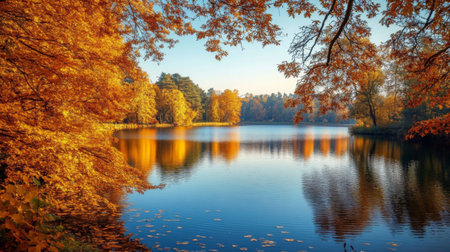 Experience the serene beauty of an autumn lake, surrounded by vibrant golden foliage. This tranquil scene invites relaxation and appreciation of nature's seasonal change.の素材