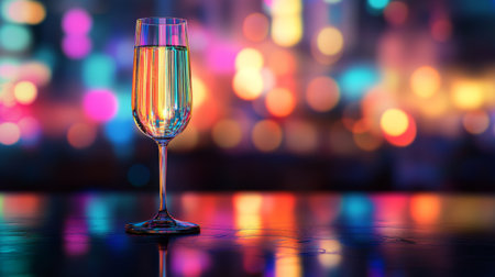 A stylish glass of sparkling water reflects vibrant bokeh lights. This image captures the essence of celebration and elegance, perfect for nightlife themes.の素材