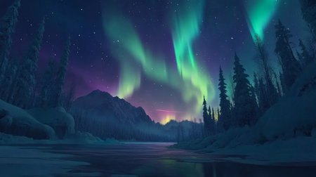 A breathtaking view of the aurora borealis illuminating a winter landscape. The colorful lights dance across the night sky above a serene frozen lake.の素材