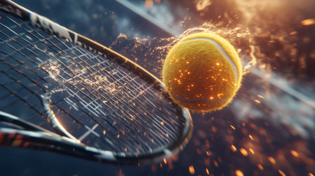 A vibrant scene capturing the moment a tennis ball strikes a racket, showcasing the energy and motion of the sport. Perfect for sports enthusiasts and marketing.の素材