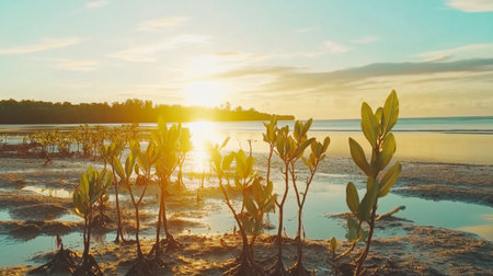 A serene sunrise casts soft light over a mangrove landscape. The tranquil water reflects the golden hues, creating a peaceful nature scene perfect for relaxation.の素材