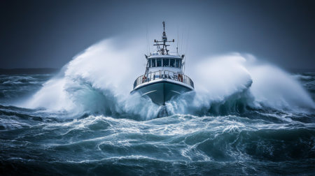 A boat navigates tumultuous ocean waves, showcasing the power of nature and human engineering. The dramatic scene captures the essence of ocean adventure.の素材