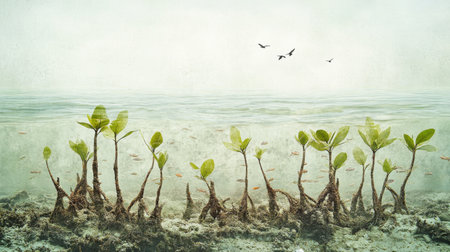 Beautiful mangroves thrive by the tranquil waterline, showcasing their vibrant leaves and roots. This serene landscape highlights the importance of aquatic ecosystems.の素材