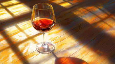 A beautiful glass of red wine rests on a polished wooden floor, basking in warm sunlight. The play of light and shadow creates a serene ambiance, perfect for relaxation.の素材
