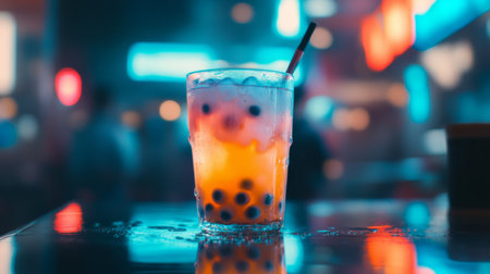 A vibrant glass of colorful drink with bubbles sits on a bar counter. The neon lights create a lively atmosphere, perfect for a summer party or night out.の素材