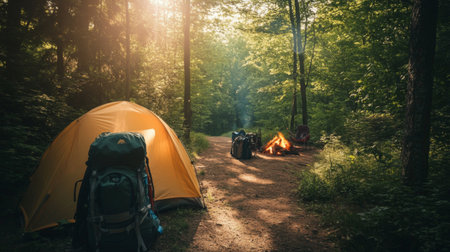 A serene camping scene featuring a yellow tent nestled in a lush green forest, with sunlight filtering through the trees, creating a peaceful atmosphere.の素材