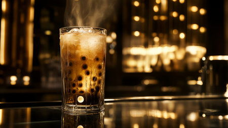A stunning shot of a cold beverage served in an elegant glass, featuring ice and steam. The ambient lighting creates a sophisticated atmosphere, perfect for nightlife settings.の素材