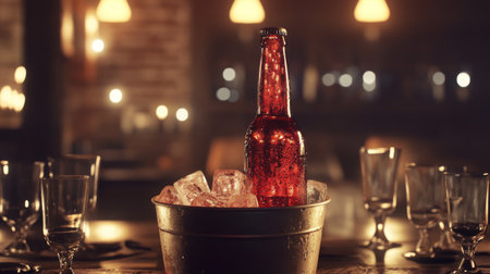 A chilled beverage sitting in an ice bucket, creating a refreshing atmosphere in a cozy bar setting, perfect for capturing moments of relaxation and social gatherings.の素材