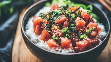 A vibrant sushi bowl featuring fresh salmon on a bed of rice, garnished with sesame seeds and green onions, perfect for a healthy meal or snack.の素材