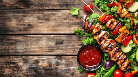 A vibrant display of grilled chicken skewers with fresh vegetables and dipping sauce, perfect for summer gatherings or outdoor parties. Ideal for food enthusiasts.の素材