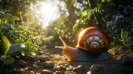 A vibrant snail crawls along a dirt path surrounded by lush greenery and illuminated by gentle sunlight, depicting the beauty of nature.の素材