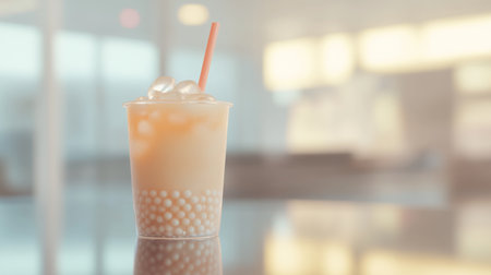 A refreshing bubble tea drink filled with ice and served in a clear cup, perfect for summer enjoyment. The drink showcases a blend of flavors and tapioca pearls.の素材