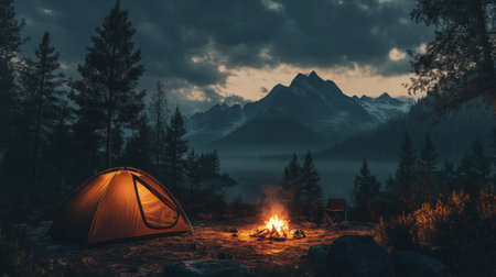 A tranquil camping scene featuring a tent beside a glowing campfire by a mountain lake at dusk, surrounded by lush forests and serene landscapes.の素材