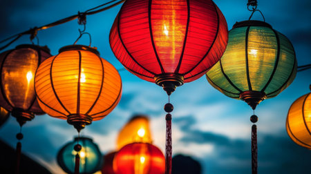 Stunning display of colorful lanterns glowing beautifully against a dramatic evening sky. Perfect for capturing the essence of celebration and culture.の素材