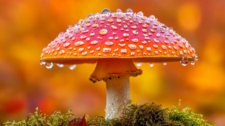 A vibrant red mushroom adorned with dew drops, set against a blurred autumn background. This close-up captures the beauty of nature in fresh detail.の素材
