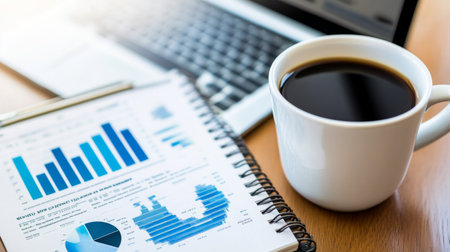 A cozy business workspace featuring a cup of coffee, a laptop, and various data analysis documents showcasing graphs and charts. Perfect for productivity and planning.の素材