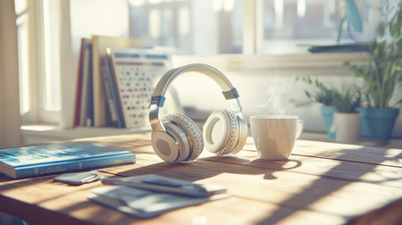 A serene scene featuring headphones beside a steaming mug of coffee on a wooden table. Bright sunlight illuminates the cozy workspace, perfect for relaxation or study.の素材
