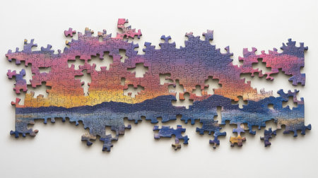 A partially completed jigsaw puzzle depicting a vibrant sunset landscape, featuring missing pieces. Perfect for showcasing leisure activities and artistic design.の素材