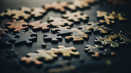 A close-up view of scattered colorful puzzle pieces on a dark surface, highlighting the textures and patterns. Ideal for themes of creativity and leisure activities.の素材