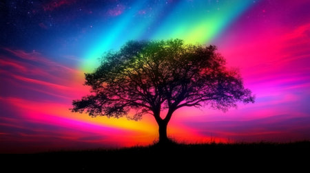 A stunning tree silhouette is framed against a colorful sky filled with vibrant hues of pink, green, and blue, creating a dreamlike landscape.の素材