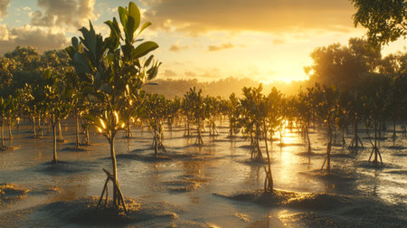 A tranquil mangrove forest illuminated by a beautiful sunrise, showcasing the lush greenery and serene waters. Perfect for nature enthusiasts.の素材