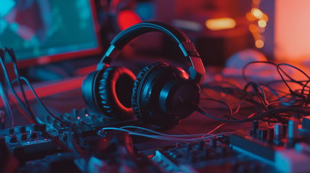 A vibrant workspace featuring modern audio equipment, including headphones and mixing devices. Perfect for showcasing creativity in music production.の素材
