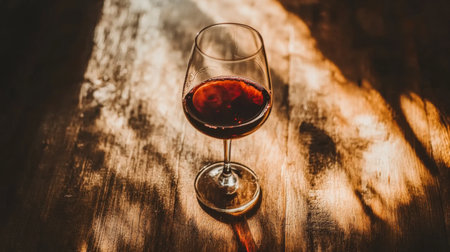 A sophisticated glass of red wine sits gracefully on a rustic wooden table, capturing the warm ambiance of an inviting setting. Perfect for evoking elegance.の素材