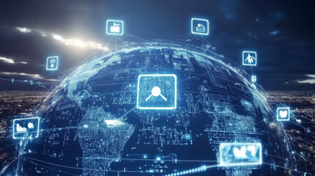 A stunning digital representation of the globe with network connections. Showcases various icons symbolizing technological connectivity and information exchange.の素材