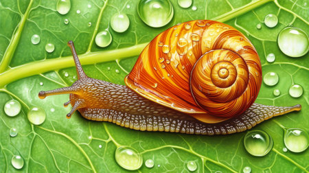 A beautifully detailed and colorful snail rests on a green leaf adorned with glistening water droplets, showcasing nature's vibrant beauty and tranquility.の素材