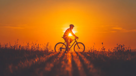 A serene silhouette of a cyclist against a warm sunset, capturing the essence of adventure and freedom in a rural landscape. Ideal for conveying outdoor activity and tranquility.の素材