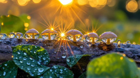A serene scene showcasing dew-covered mushrooms on a log, illuminated by soft sunlight. The sparkling droplets create a magical atmosphere in nature.の素材
