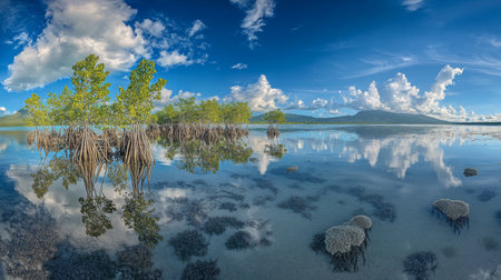 A stunning panorama showcasing mangrove trees reflected in calm waters under a bright blue sky. Ideal for nature and landscape themes.の素材