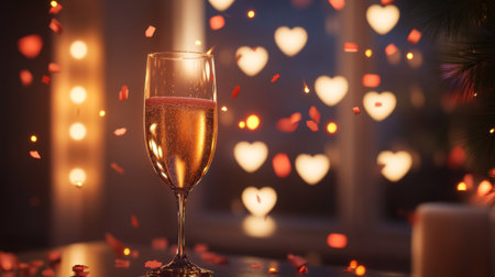 A beautifully lit champagne glass stands in front of a dreamy heart-themed background, perfect for romantic celebrations and joyful occasions.の素材
