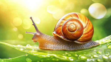 A vibrant snail perched on a lush green leaf, glistening with droplets. The scene captures the essence of nature's beauty in a tranquil setting, highlighting the intricate details of the snail's shell and the softness of the leaf.の素材