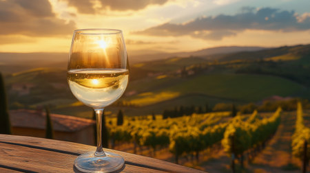 A beautifully lit glass of white wine sits on a wooden table, capturing the essence of a tranquil sunset over picturesque vineyards. The scenic view invites relaxation amidst nature's beauty.の素材