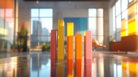 This image features colorful geometric shapes symbolizing growth in a modern interior space filled with sunlight, creating a vibrant and inspiring atmosphere.の素材