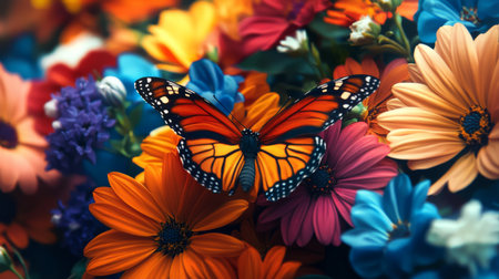 A vibrant butterfly with striking orange and black wings rests on a bed of colorful flowers, creating a stunning scene filled with nature's beauty and the essence of spring.の素材