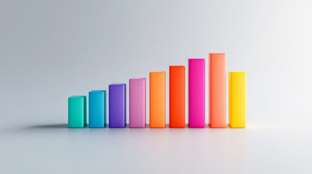 This vibrant 3D bar graph features colorful design elements symbolizing data growth and progress, ideal for business and finance presentations in a sleek minimalist style.の素材